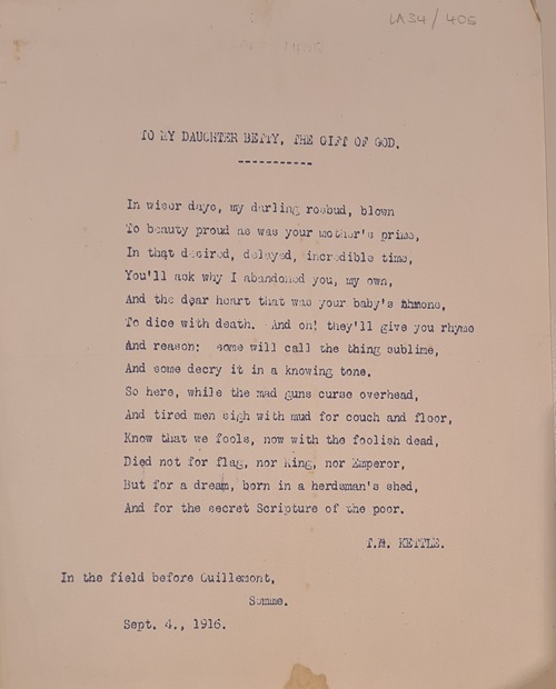 Typewritten copy poem in blue ink