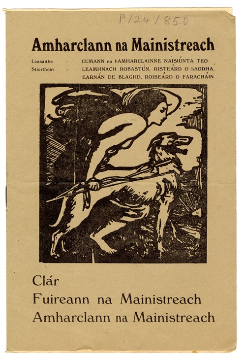 Front cover for Irish Language Pantomines in the Abbey Theatre. Includes Irish text above and below central image. Image of mythological Queen Meadhbh and her wolfhound.