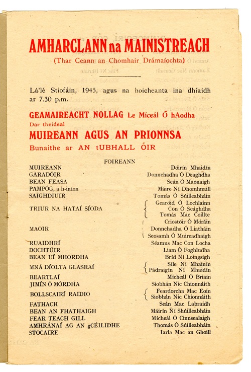 First page of programme for pantomine Muireann agus an Prionnsa with cast list