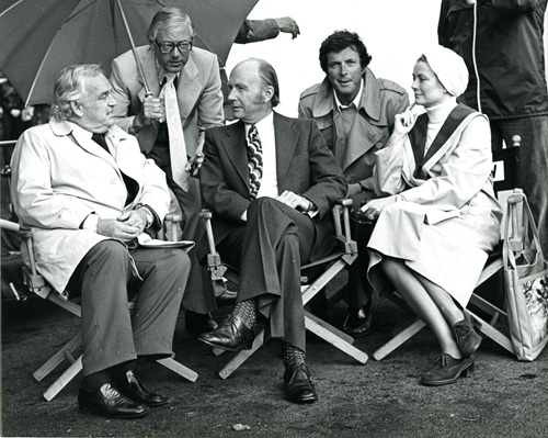 Black and white photoograph featuring L-R Prince Rainier of Monaco, Sheamus Smith (Managing Director of Ardmore Studios), President Patrick Hillery, Michael Crichton (author and director), Princess Grace of Monaco.