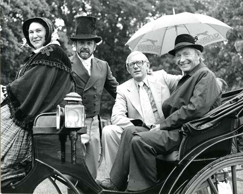 Black and white photograph of President Hillery on the Set of The Great Train Robbery, July 1978. L-R Unidentified, Sean Connery (actor), Sheamus Smith (Managing Director of Ardmore Studios), President Patrick Hillery