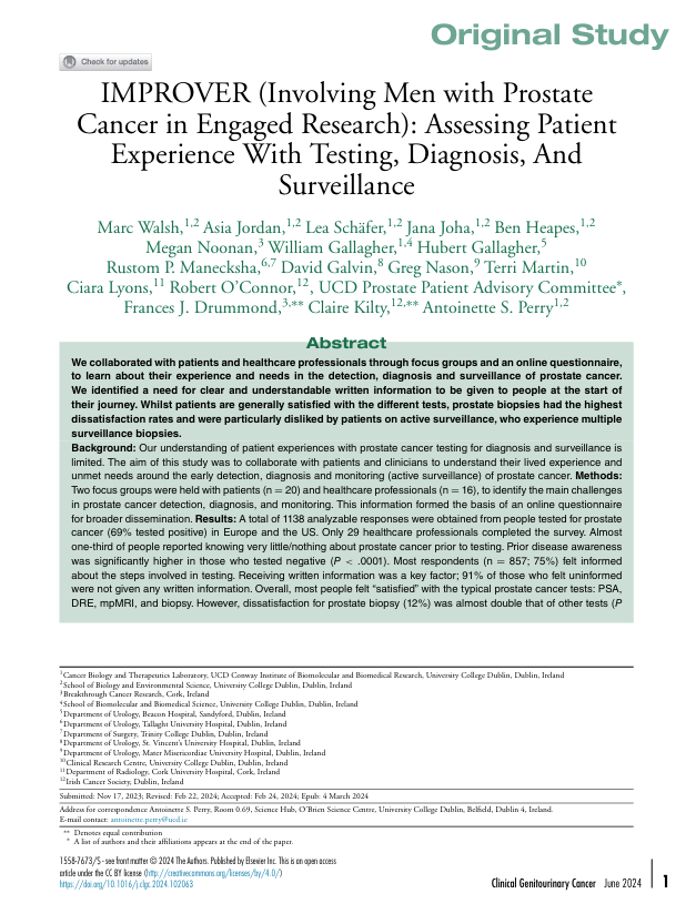 First page of the journal article titled: IMPROVER (Involving Men with Prostate Cancer in Engaged Research): Assessing Patient Experience With Testing, Diagnosis, And Surveillance