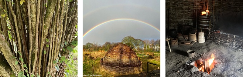 CLaSS collage showing hazel coppice, a rainbow over a reconstructed roundhouse, and interior of a reconstructed roundhouse with a fire
