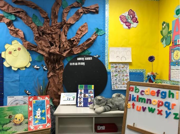 classroom, colorful walls