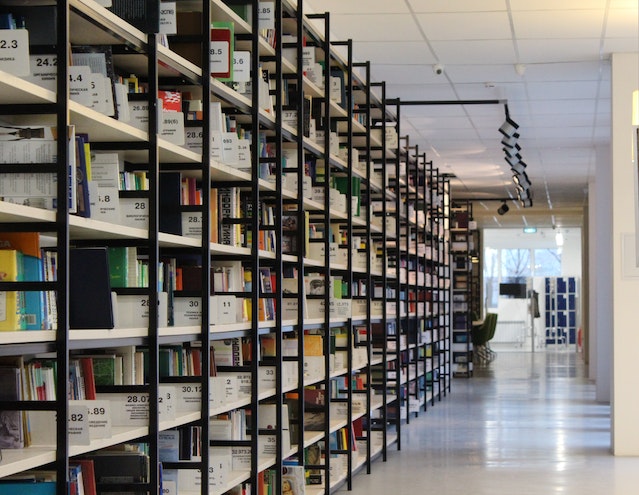 Rows of books and publications on shelves