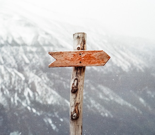 A solitary wooden sign pointing left with snowy background