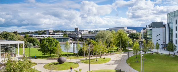 View of UCD campus main lake and buildings