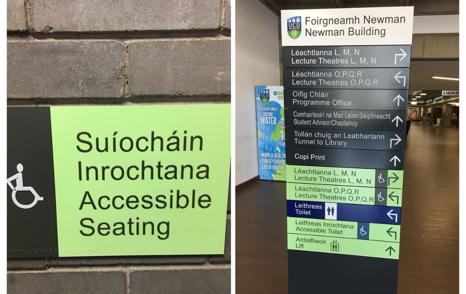 Two images depicting English/Irish signage around UCD campus