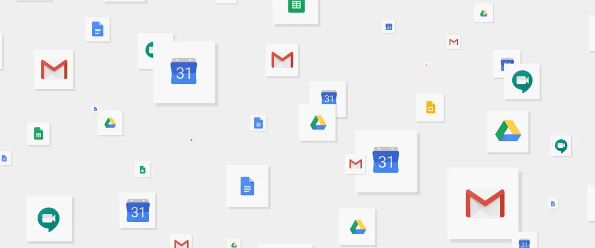 Google Workspace logos (Calendar, Gmail, Drive) displayed floating on a grey background.