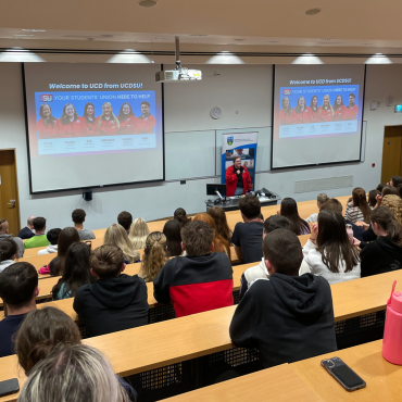 UCD Student Union Rep addressing students at orientation Sept 2024