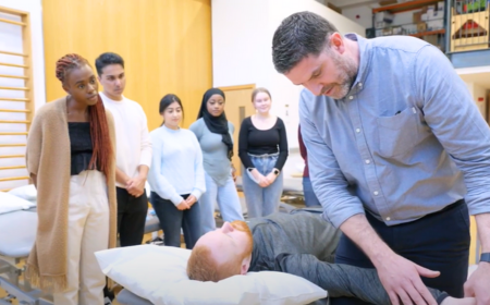 Physiotherapist demonstrating in UCD Clinical Skills Lab