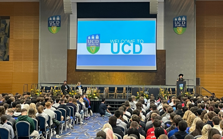 New students at orientation event with UCD President