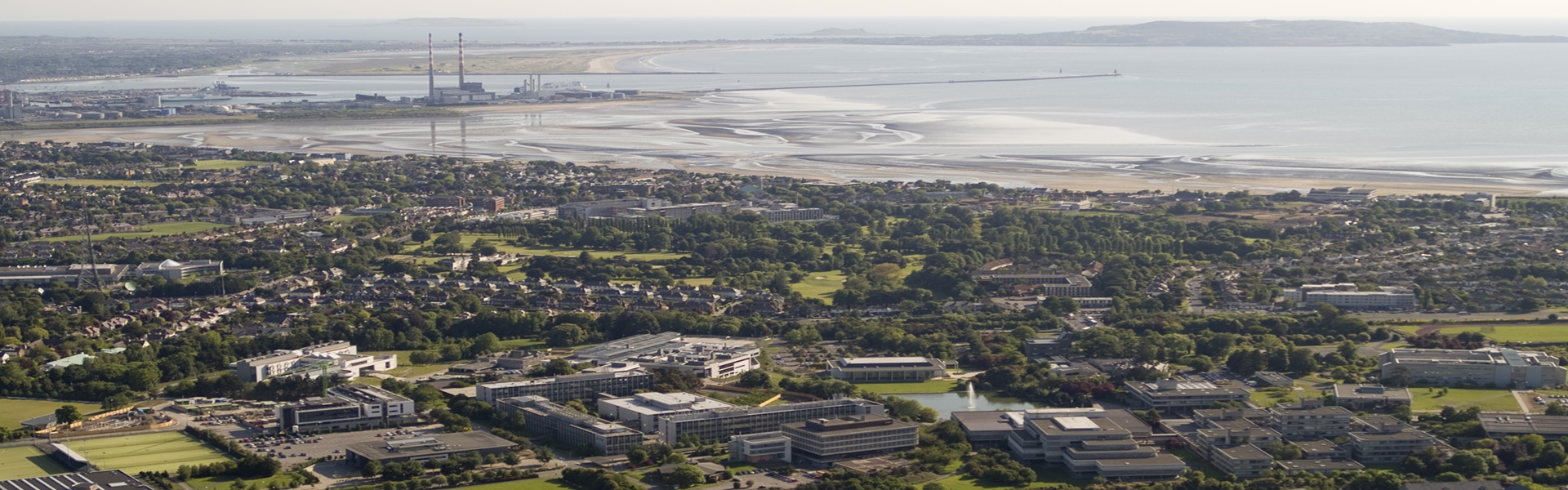 Aerial view of Dublin bay and UCD Belfield campus