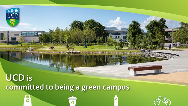 Illustration poster for UCD Green Campus showing the UCD Belfield campus lake with text reading 