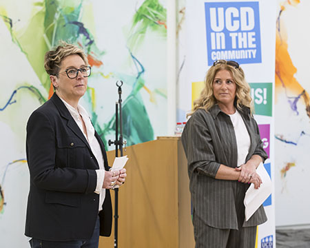 Associate Professor Aideen Quilty and Sinead Mahon, Ronanstown Community Development Project, speak at the launch of the UCD Community Engagement Report 2022/2023
