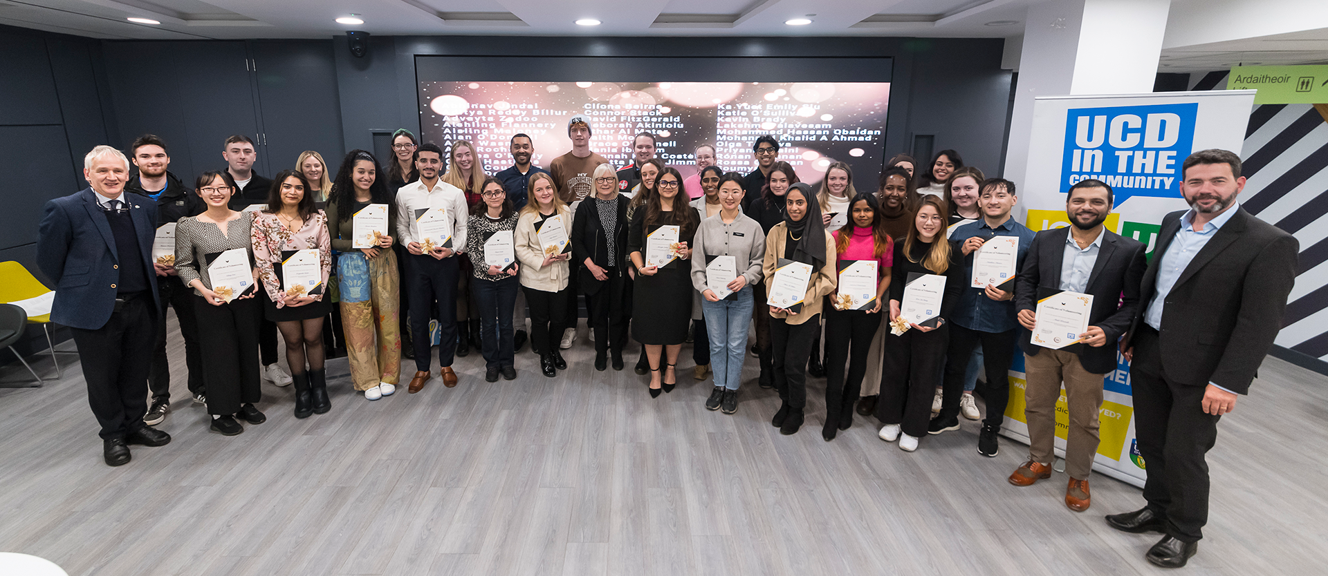 A group photo of UCD students who were awarded awards for their volunteering