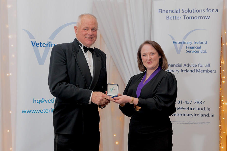 Professor Michael Doherty (left) receives the Veterinary Ireland Distinguished Service Medal from Veterinary Ireland President Jane Pigott (right)