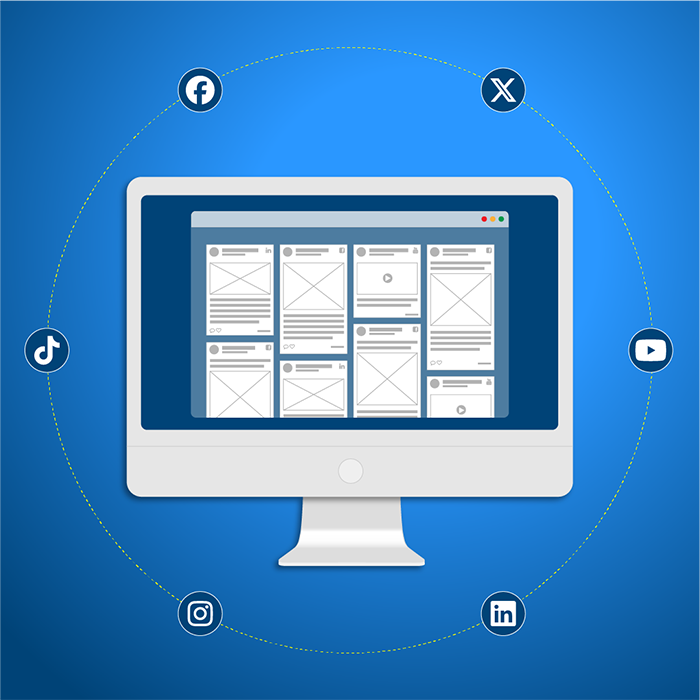 Illustration of an iMac displaying a social media feed and social media icons arranged in a circle around it